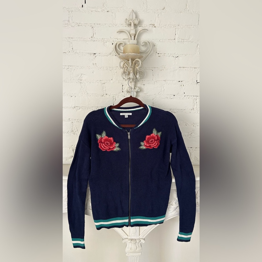 American Eagle Outfitters Navy Cardigan with Red Rose Embroidery